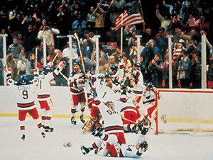 USA Hockey Team's celebrates upset victory over Soviet team in the 1980 Winter Olympics.