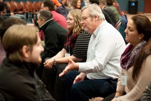 Vern Williams photo | Kevin Kane, a public relations manager at Subway World Headquarters, center, talks with students during Alumni Night.