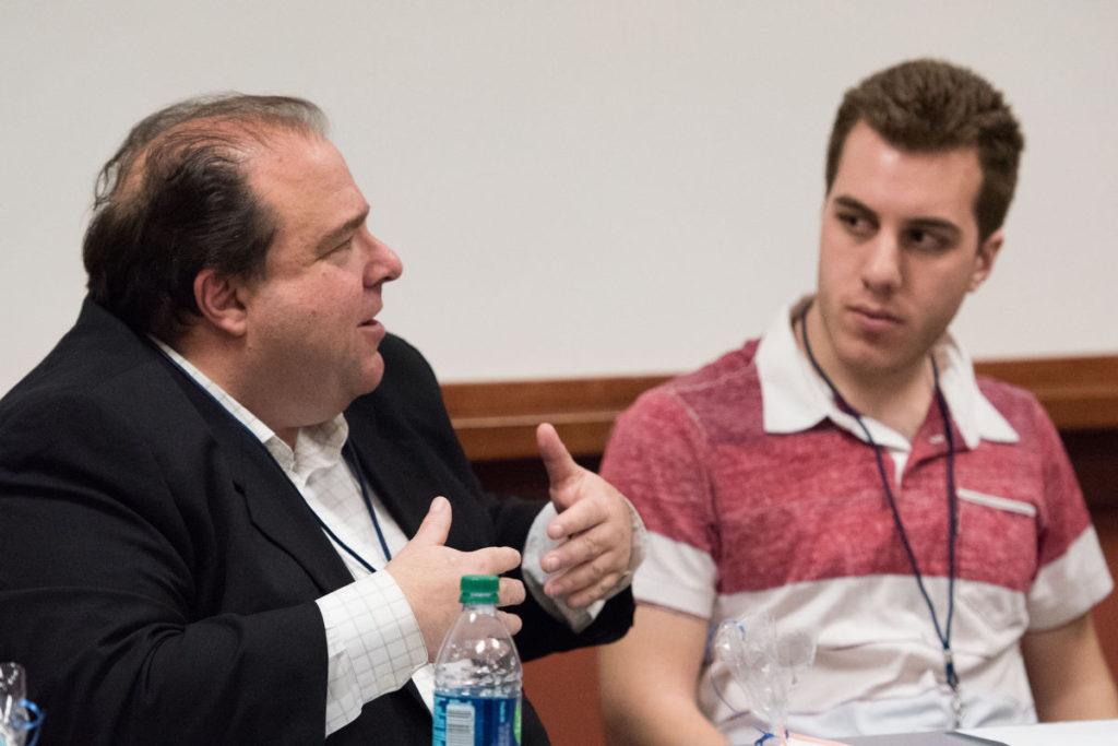 Dom Amore, a Hartford Courant reporter, and Dan Zumpano, the sports director for WSIN radio during a Friday April 8, panel session at "Making CONNections" a Regional Journalism Conference at Southern Connecticut State University.