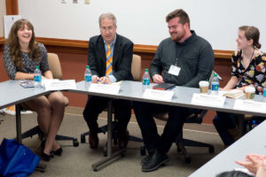 Monica Zielinski, Roy S. Gutterman, Jake Lahut, and Stephanie Addenbrooke during the Safe Spaces, Student Media and Speech panel ssion Friday April 8, at "Making CONNections" a Regional Journalism Conference at Southern Connecticut State University.