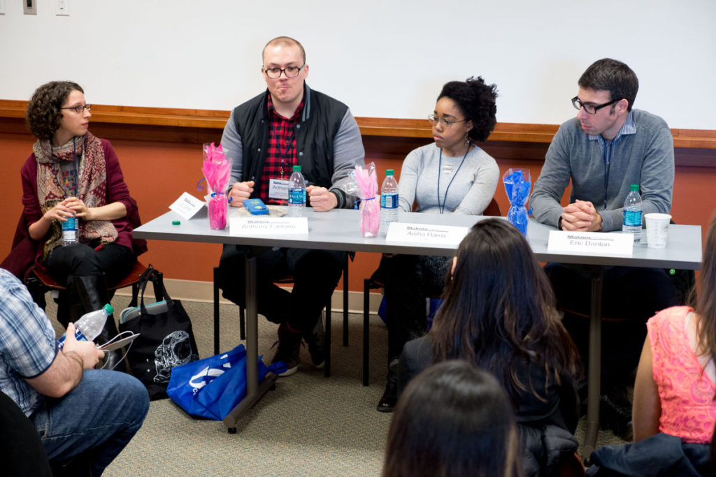 Lucy Gellman, Anthony Fantano creator of The Needle Drop, Aisha Harris a staff writer for Slate and Eric Danton former Hartford Courant rock critic during a panel session, Saturday April 9, at "Making CONNections" a Regional Journalism Conference at Southern Connecticut State University.