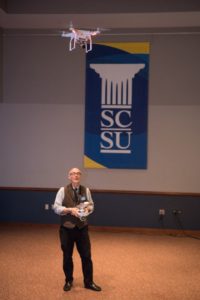 Assistant Professor of Journalism Vern Williams flies a Phantom 3 as part of a panel on using drone imagery in journalism. The panel was one of many that took place Saturday, April 9, 2016 as part of the Regional Journalism Conference hosted by the Journalism Department and the SCSU SPJ at Southern Connecticut State University. Photo by Brokk M. Tollefson.