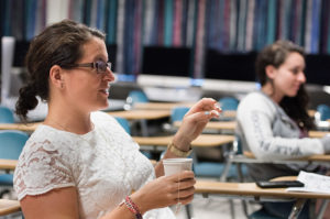 Lisa Farrell, a teacher at Joseph A. Foran High School in Milford, speaks during a high school teacher workshop held at Southern in June. | Vern Williams photo