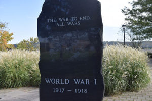 Shelton war monument in Veterans Park. The slab honors those who were killed in action.