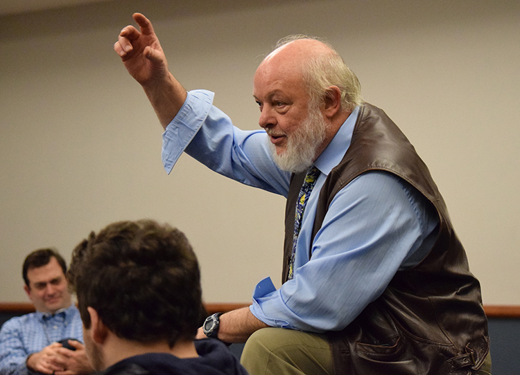 Professor Jerry Dunklee leads a discussion during the annual Journalism Alumni Night at Southern Nov. 30. | Jodie Mozdzer Gil photo