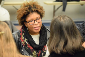 Diane Lazarus, a journalism student at Southern, listens to alumni during a "speed dating" networking event at the Journalism Alumni Night Nov. 30. | Jodie Mozdzer Gil photo.