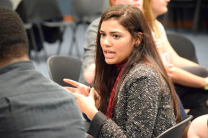 Juliemar Ortiz, a reporter at the New Haven Register, at Journalism Alumni night, Nov. 30. | Jodie Mozdzer Gil photo.